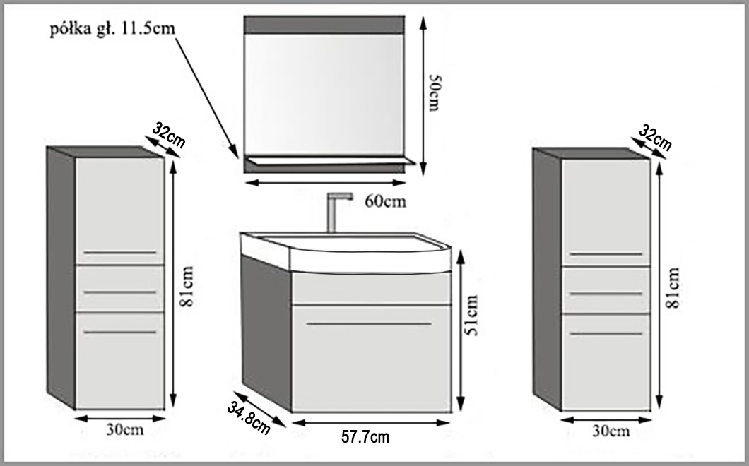 Mobili da bagno Belini bianco lucido / rovere sonoma + lavabo + specchio Produttore ROD PM 4/0/W/WDS/0/ZW