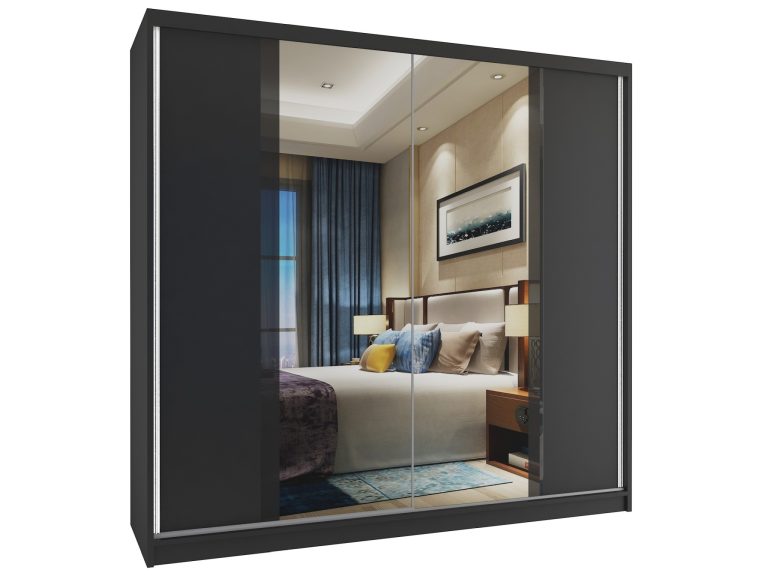 Armadio 200 cm Belini nero opaco con ante scorrevoli e specchio Produttore MV SZP1/1/B/B/B/HI
