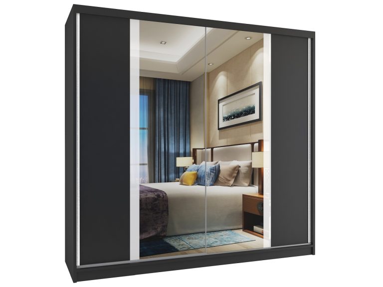 Armadio 200 cm Belini nero opaco con ante scorrevoli e specchio Produttore MV SZP1/1/B/B/W/HI