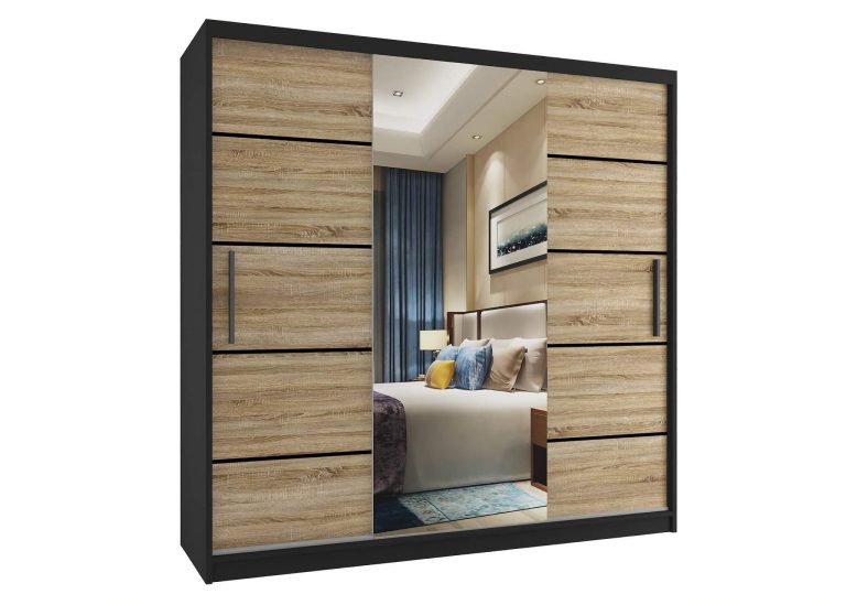 Armadio 200 cm Belini nero opaco / rovere sonoma con ante scorrevoli a specchio e cassetti Produttore MT SZP5/1/B/DS/0/KLP