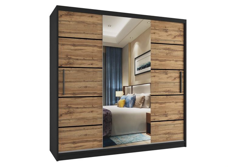Armadio 200 cm Belini nero opaco / rovere wotan con ante scorrevoli a specchio e cassetti Produttore MT SZP5/1/B/DW/0/KLP