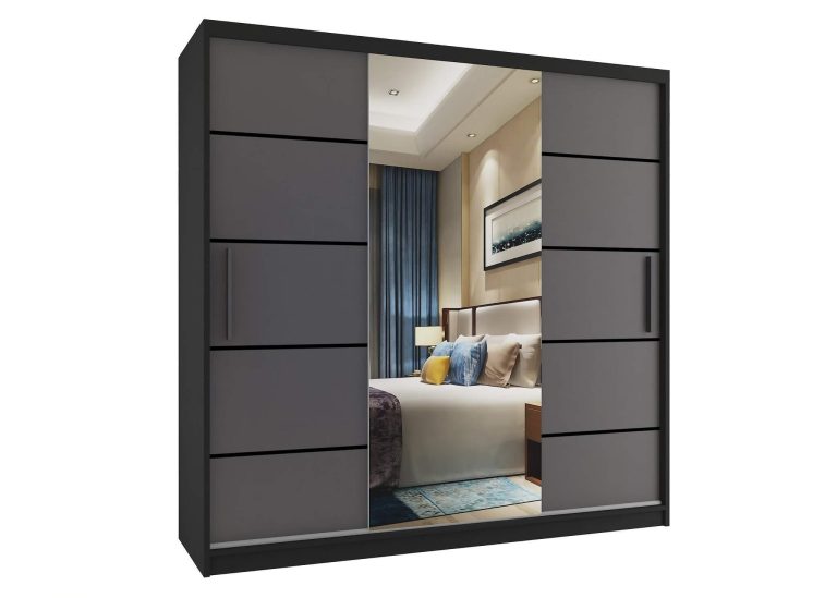 Armadio 200 cm Belini nero opaco / grigio opaco con ante scorrevoli a specchio e cassetti Produttore MT SZP5/1/B/SR/0/KLP