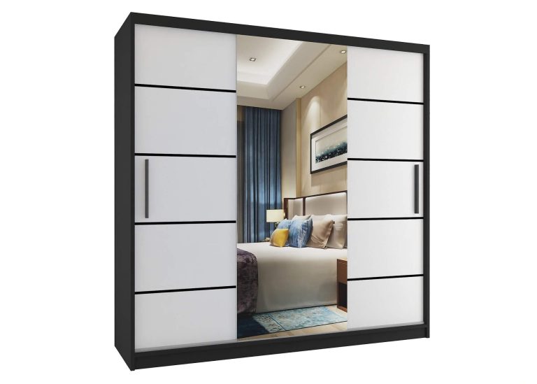 Armadio 200 cm Belini nero opaco / bianco opaco con ante scorrevoli a specchio e cassetti Produttore MT SZP5/1/B/W/0/KLP