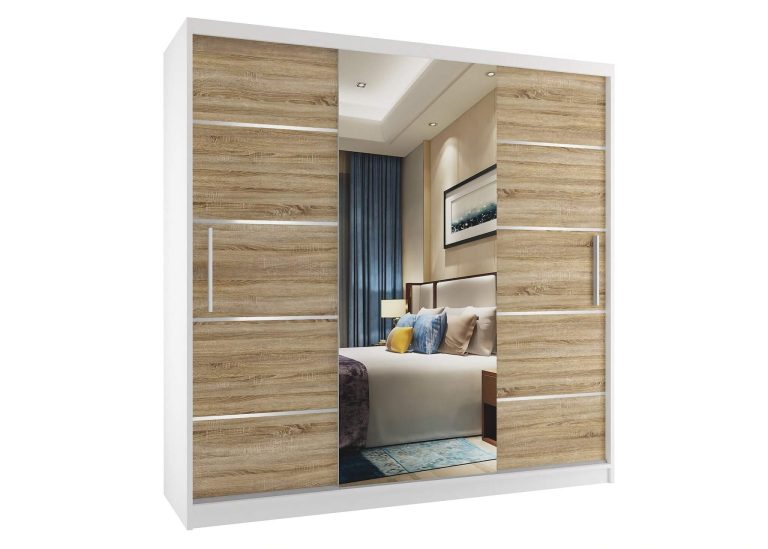 Armadio 133 cm Belini bianco opaco / rovere sonoma con ante scorrevoli a specchio e cassetti Produttore MT SZP5/1/W/DS/0/KLAL