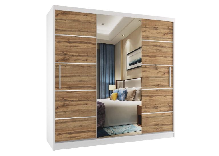 Armadio 200 cm Belini bianco opaco / rovere wotan con ante scorrevoli a specchio e cassetti Produttore MT SZP5/1/W/DW/0/KLAL