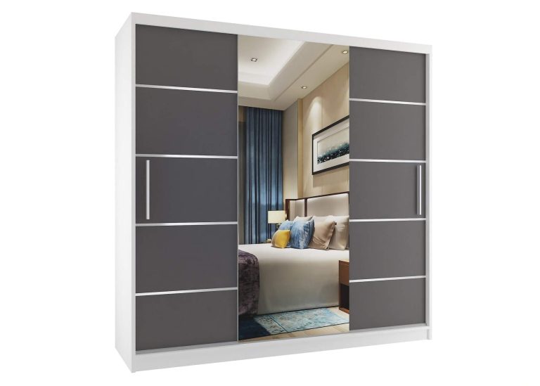 Armadio 200 cm Belini bianco opaco / grigio opaco con ante scorrevoli a specchio e cassetti Produttore MT SZP5/1/W/SR/0/KLAL