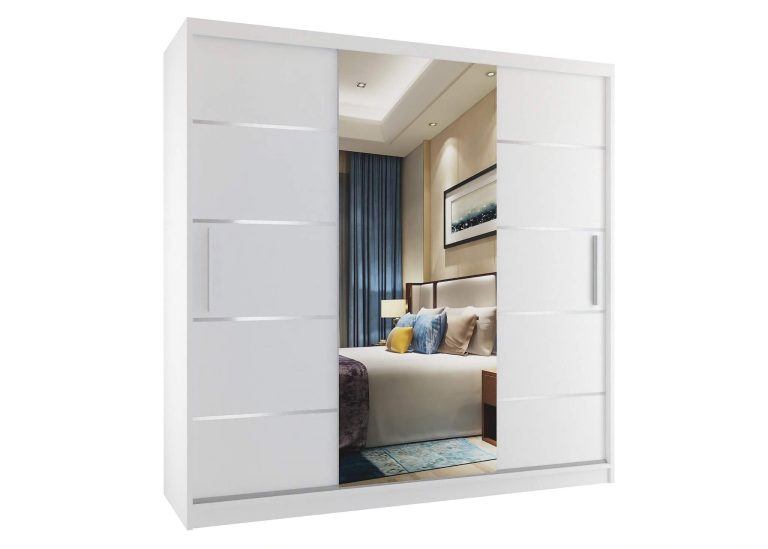 Armadio 200 cm Belini bianco opaco con ante scorrevoli a specchio e cassetti Produttore MT SZP5/1/W/W/0/KLAL