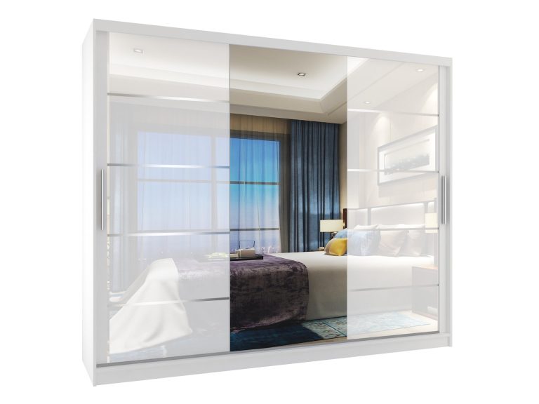 Armadio 235 cm Belini bianco opaco / bianco lucido con ante scorrevoli a specchio e cassetti Produttore MGB SZP8/0/W/2W1L/KLAL