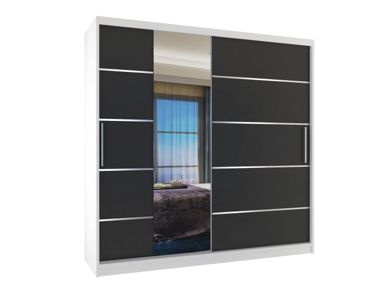 Armadio 200 cm Belini bianco opaco / nero opaco con ante scorrevoli a specchio e cassetti Produttore MBP SZP5/1/W/B/0/KLAL

