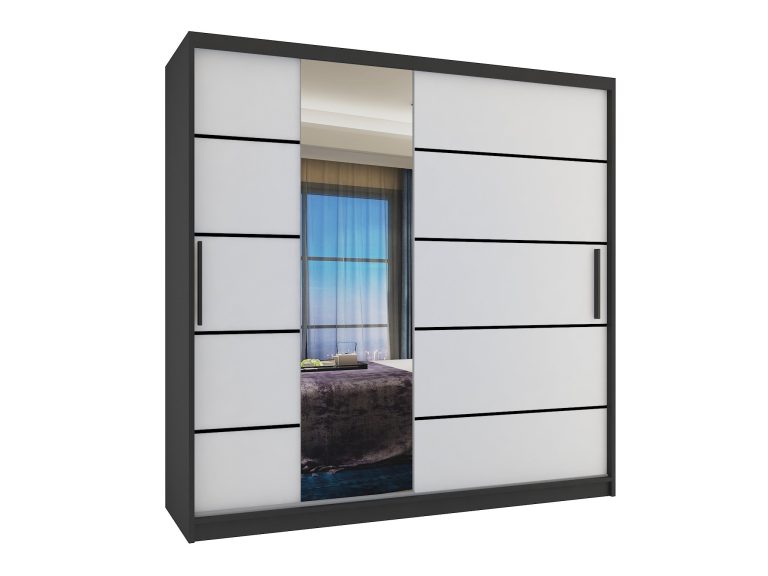 Armadio 200 cm Belini nero opaco / bianco opaco con ante scorrevoli a specchio e cassetti Produttore MBP SZP5/1/B/W/0/KLP

