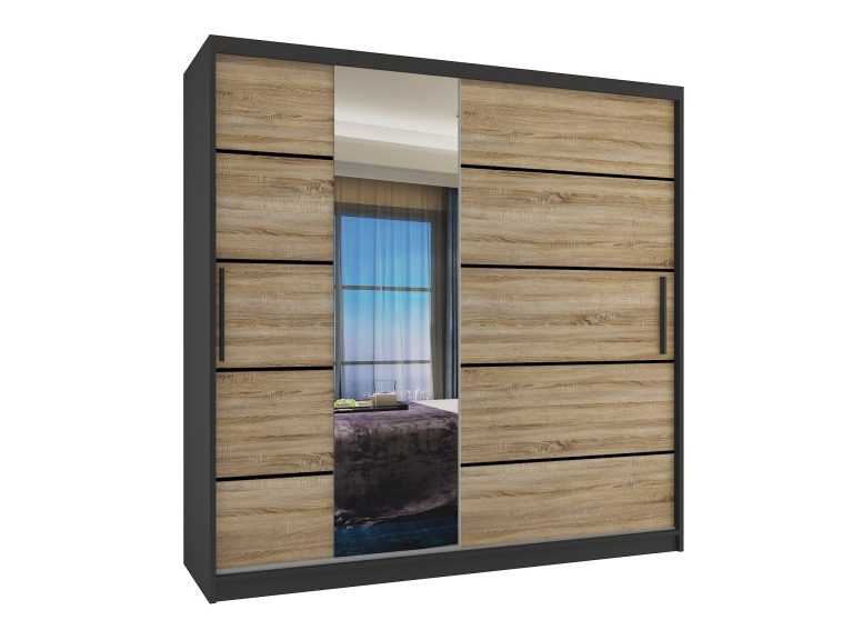 Armadio 200 cm Belini nero opaco / rovere sonoma con ante scorrevoli a specchio e cassetti Produttore MBP SZP5/1/B/DS/0/KLP
