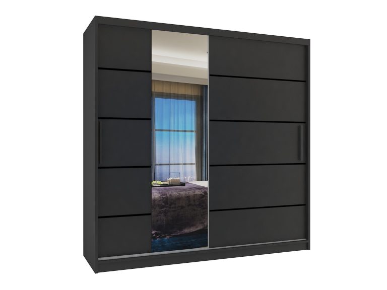 Armadio 200 cm Belini nero opaco con ante scorrevoli a specchio e cassetti Produttore MBP SZP5/1/B/B/0/KLP

