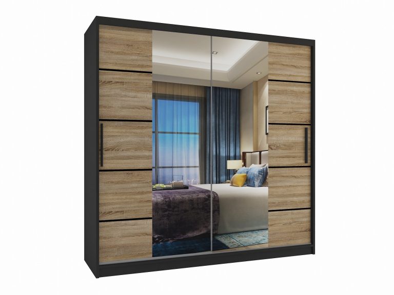 Armadio 200 cm Belini nero opaco / rovere sonoma con ante scorrevoli a specchio e cassetti Produttore ME SZP5/1/B/DS/0/KLP

