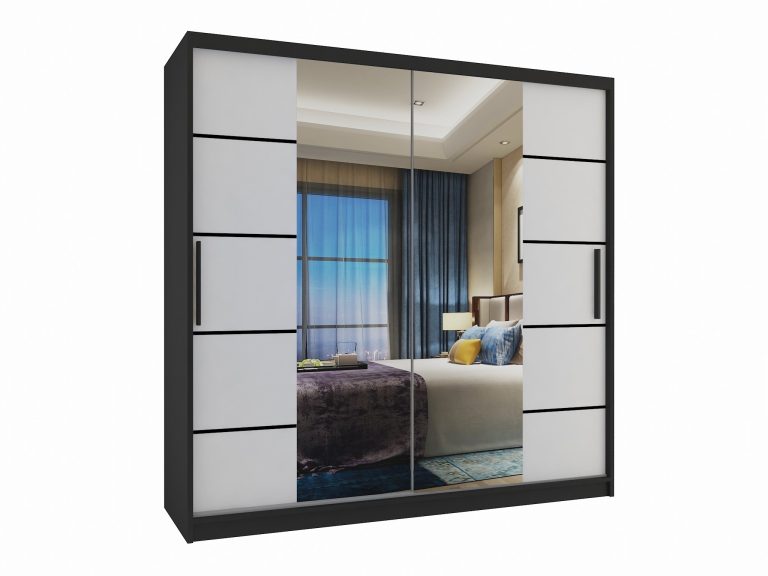 Armadio 200 cm Belini nero opaco / bianco opaco con ante scorrevoli a specchio e cassetti Produttore ME SZP5/1/B/W/0/KLP
