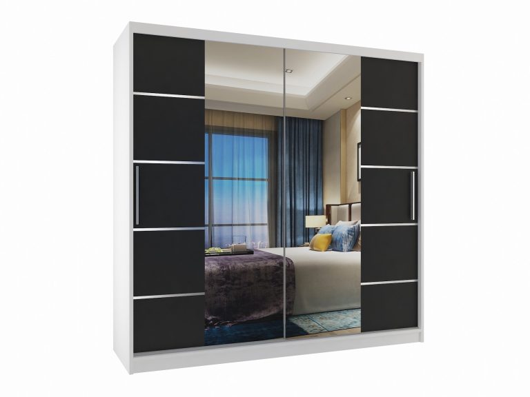 Armadio 200 cm Belini bianco opaco / nero opaco con ante scorrevoli a specchio e cassetti Produttore ME SZP5/1/W/B/0/KLAL
