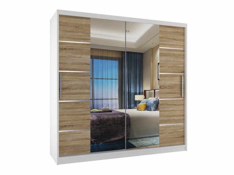 Armadio 200 cm Belini bianco opaco / rovere sonoma con ante scorrevoli a specchio e cassetti Produttore ME SZP5/1/W/DS/0/KLAL