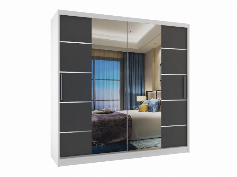 Armadio 200 cm Belini bianco opaco / grigio opaco con ante scorrevoli a specchio e cassetti Produttore ME SZP5/1/W/SR/0/KLAL
