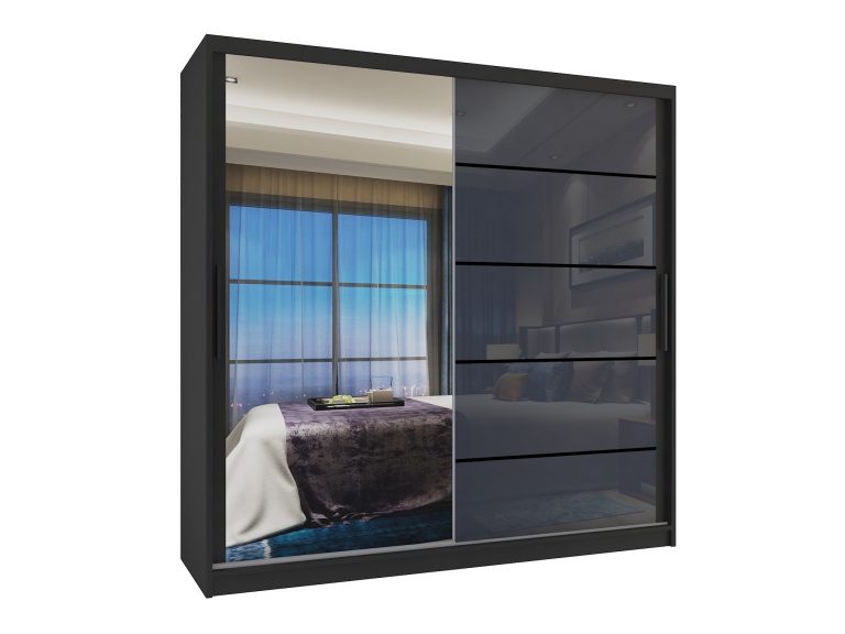 Armadio 200 cm Belini nero opaco / grigio lucido con ante scorrevoli a specchio e cassetti Produttore MGB SZP5/1/B/1L5S/KLP
