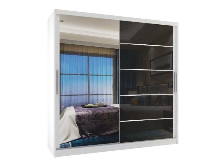 Armadio 200 cm Belini bianco opaco / nero lucido con ante scorrevoli a specchio e cassetti Produttore MGB SZP5/1/W/1L5B/KLAL
