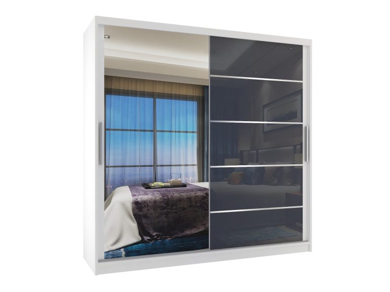 Armadio 200 cm Belini bianco opaco / grigio lucido con ante scorrevoli a specchio e cassetti Produttore MGB SZP5/1/W/1L5S/KLAL
