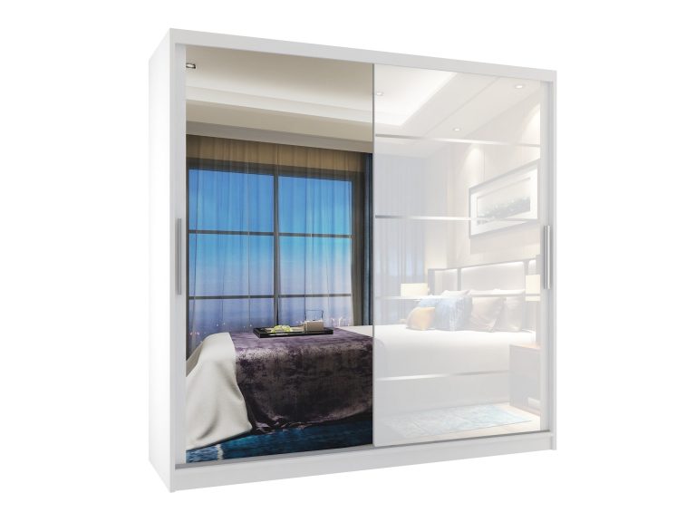 Armadio 200 cm Belini bianco opaco / bianco lucido con ante scorrevoli a specchio e cassetti Produttore MGB SZP5/1/W/1L5W/KLAL