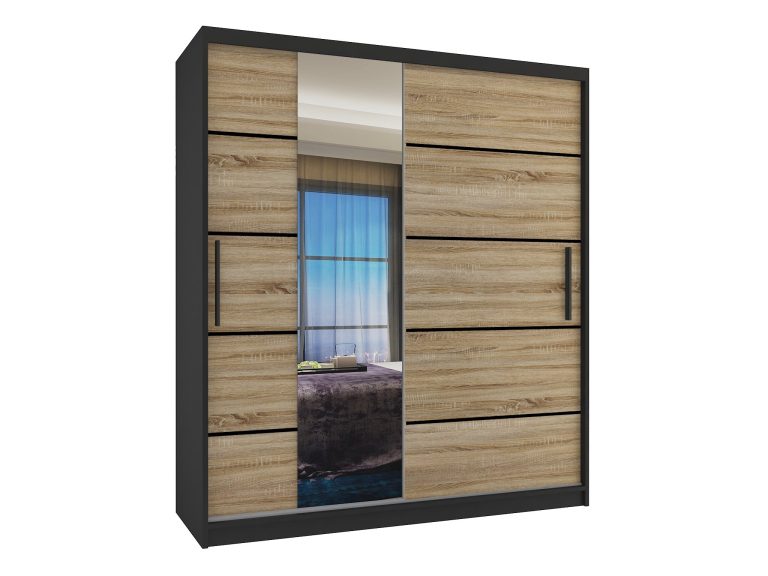 Armadio 133 cm Belini nero opaco / rovere sonoma con ante scorrevoli a specchio e cassetti Produttore MBP SZP6/1/B/DS/0/KLP