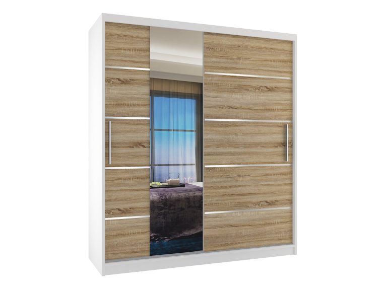 Armadio 133 cm Belini bianco opaco / rovere sonoma con ante scorrevoli a specchio e cassetti Produttore MBP SZP6/1/W/DS/0/KLAL