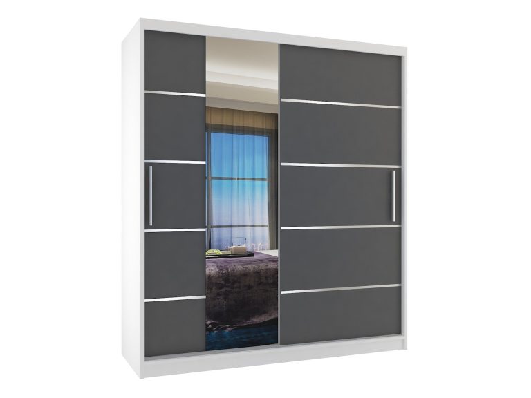 Armadio 133 cm Belini bianco opaco / grigio opaco con ante scorrevoli a specchio e cassetti Produttore MBP SZP6/1/W/SR/0/KLAL