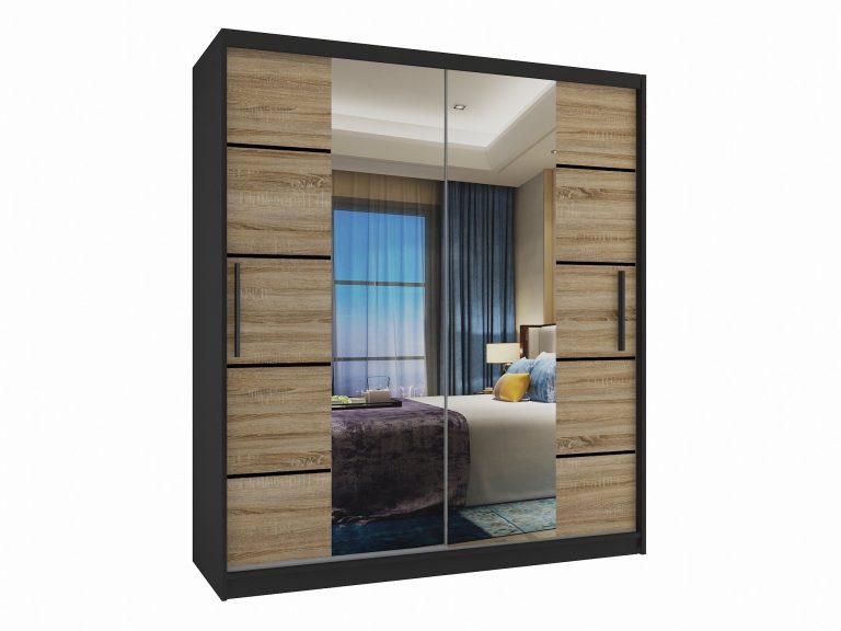 Armadio 133 cm Belini nero opaco / rovere sonoma con ante scorrevoli a specchio e cassetti Produttore ME SZP6/1/B/DS/0/KLP