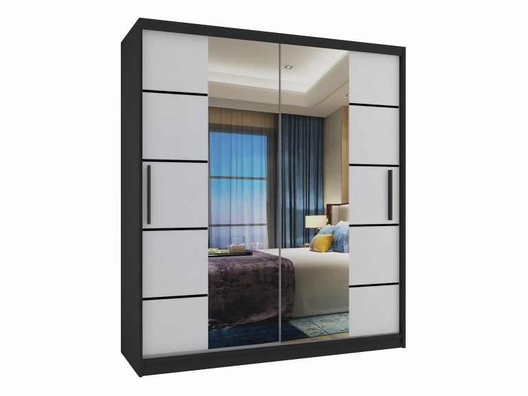 Armadio 133 cm Belini nero opaco / bianco opaco con ante scorrevoli a specchio e cassetti Produttore ME SZP6/1/B/W/0/KLP