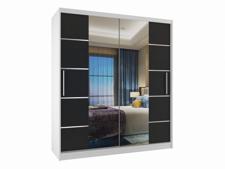 Armadio 133 cm Belini bianco opaco / nero opaco con ante scorrevoli a specchio e cassetti Produttore ME SZP6/1/W/B/0/KLAL