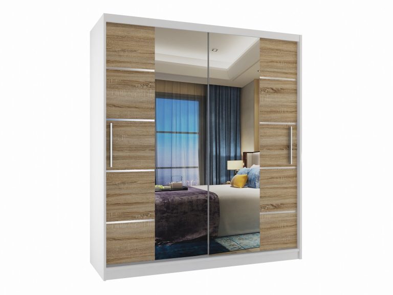 Armadio 133 cm Belini bianco opaco / rovere sonoma con ante scorrevoli a specchio e cassetti Produttore ME SZP6/1/W/DS/0/KLAL