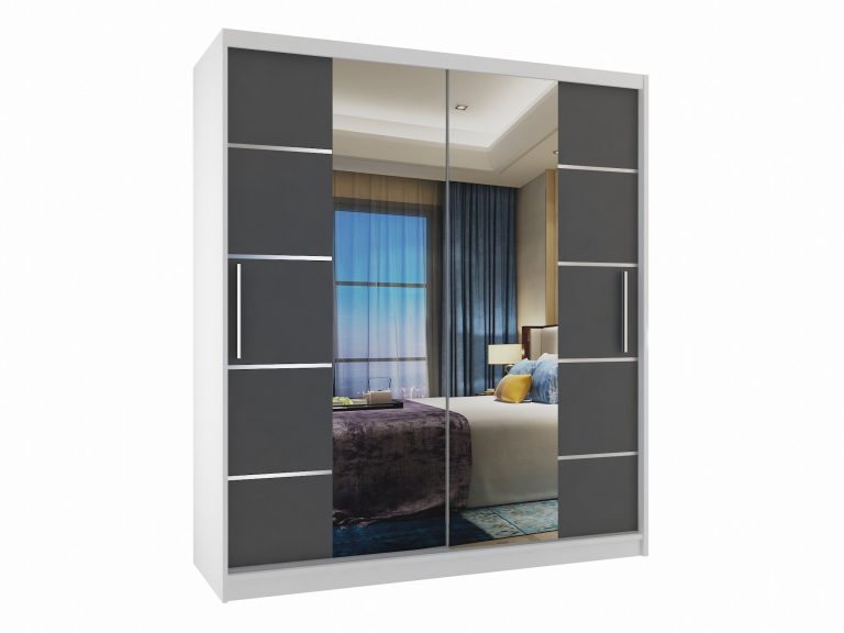Armadio 133 cm Belini bianco opaco / grigio opaco con ante scorrevoli a specchio e cassetti Produttore ME SZP6/1/W/SR/0/KLAL