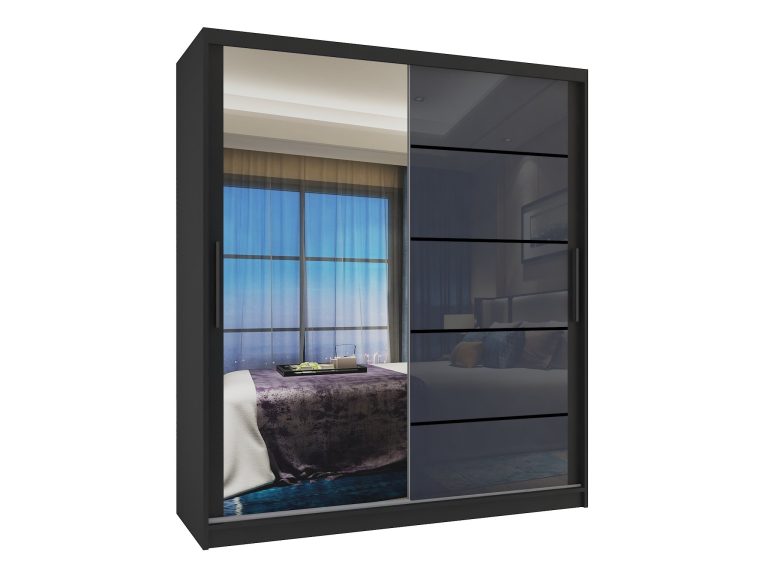 Armadio 133 cm Belini nero opaco / grigio lucido con ante scorrevoli a specchio e cassetti Produttore MGB SZP6/1/B/1L5S/KLP