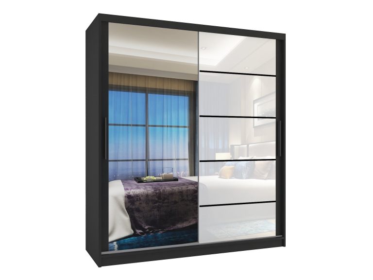 Armadio 133 cm Belini nero opaco / bianco lucido con ante scorrevoli a specchio e cassetti Produttore MGB SZP6/1/B/1L5W/KLP