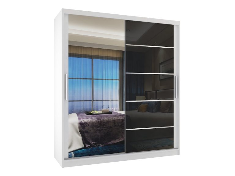 Armadio 133 cm Belini bianco opaco / nero lucido con ante scorrevoli a specchio e cassetti Produttore MGB SZP6/1/W/1L5B/KLAL