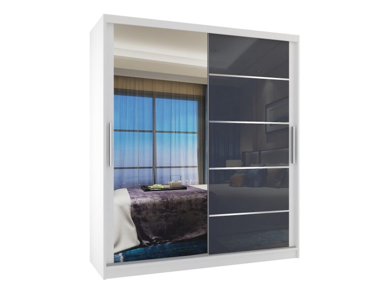 Armadio 133 cm Belini bianco opaco / grigio lucido con ante scorrevoli a specchio e cassetti Produttore MGB SZP6/1/W/1L5S/KLAL