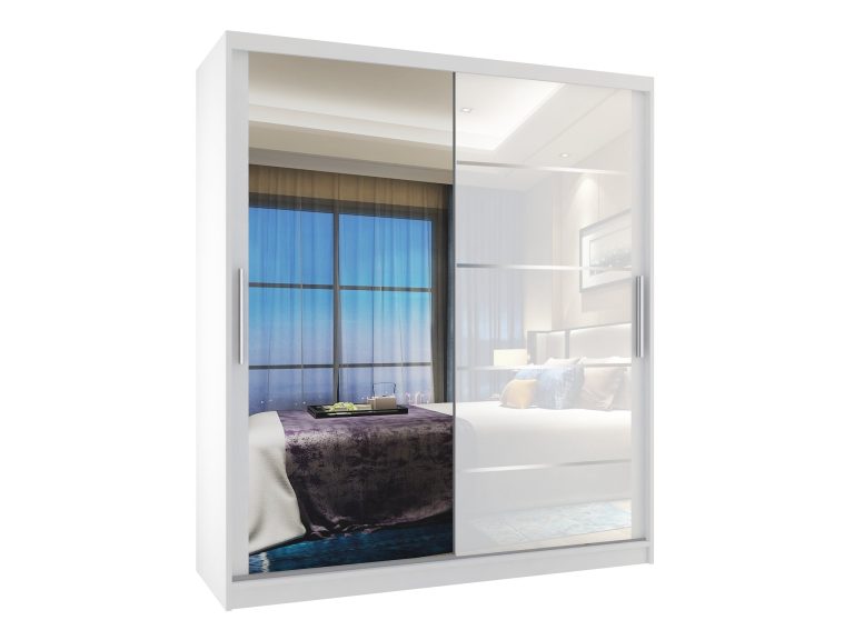 Armadio 133 cm Belini bianco opaco / bianco lucido con ante scorrevoli a specchio e cassetti Produttore MGB SZP6/1/W/1L5W/KLAL