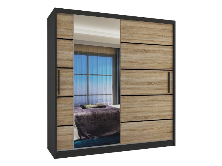 Armadio 158 cm Belini nero opaco / rovere sonoma con ante scorrevoli a specchio e cassetti Produttore MBP SZP7/0/B/DS/0/KLP