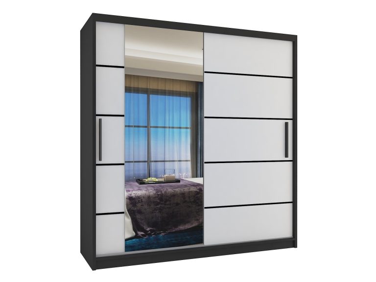 Armadio 158 cm Belini nero opaco / bianco opaco con ante scorrevoli a specchio e cassetti Produttore MBP SZP7/0/B/W/0/KLP