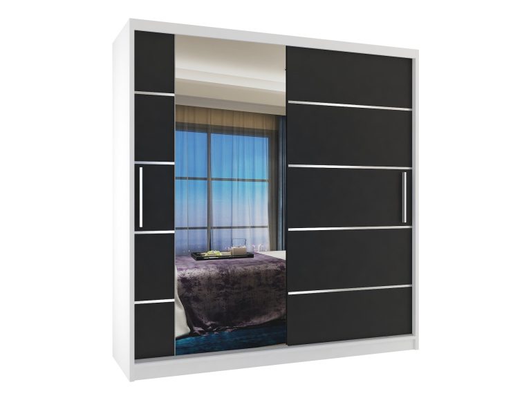 Armadio 158 cm Belini bianco opaco / nero opaco con ante scorrevoli a specchio e cassetti Produttore MBP SZP7/0/W/B/0/KLAL
