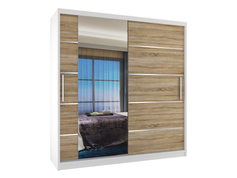Armadio 158 cm Belini bianco opaco / rovere sonoma con ante scorrevoli a specchio e cassetti Produttore MBP SZP7/0/W/DS/0/KLAL