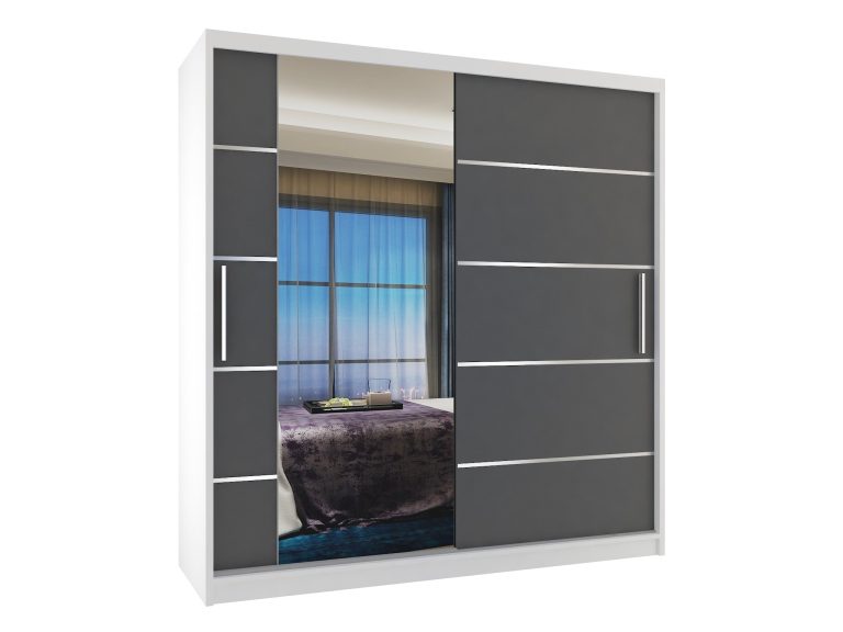 Armadio 158 cm Belini bianco opaco / grigio opaco con ante scorrevoli a specchio e cassetti Produttore MBP SZP7/0/W/SR/0/KLAL
