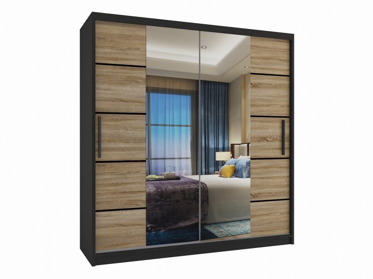 Armadio 158 cm Belini nero opaco / rovere sonoma con ante scorrevoli a specchio e cassetti Produttore ME SZP7/0/B/DS/0/KLP