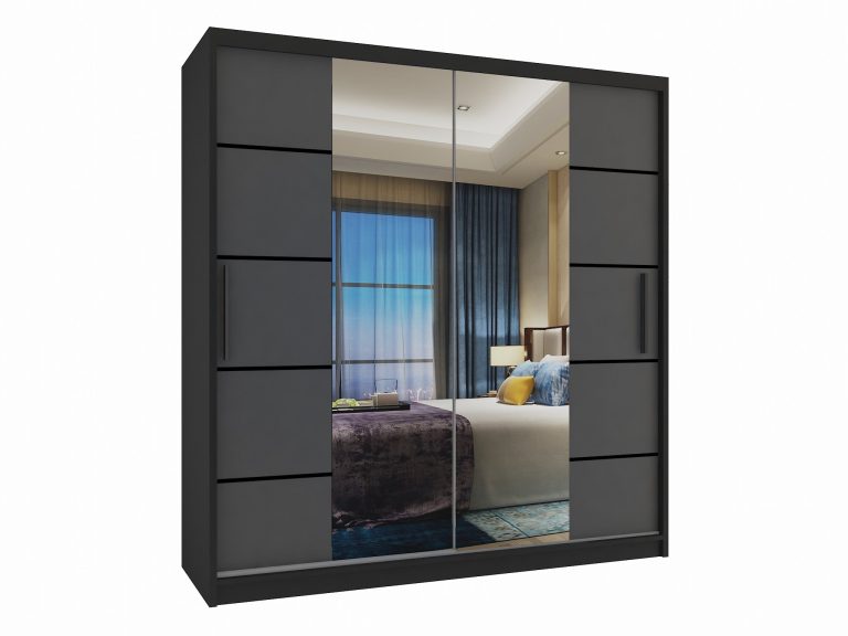 Armadio 158 cm Belini nero opaco / grigio opaco con ante scorrevoli a specchio e cassetti Produttore ME SZP7/0/B/SR/0/KLP