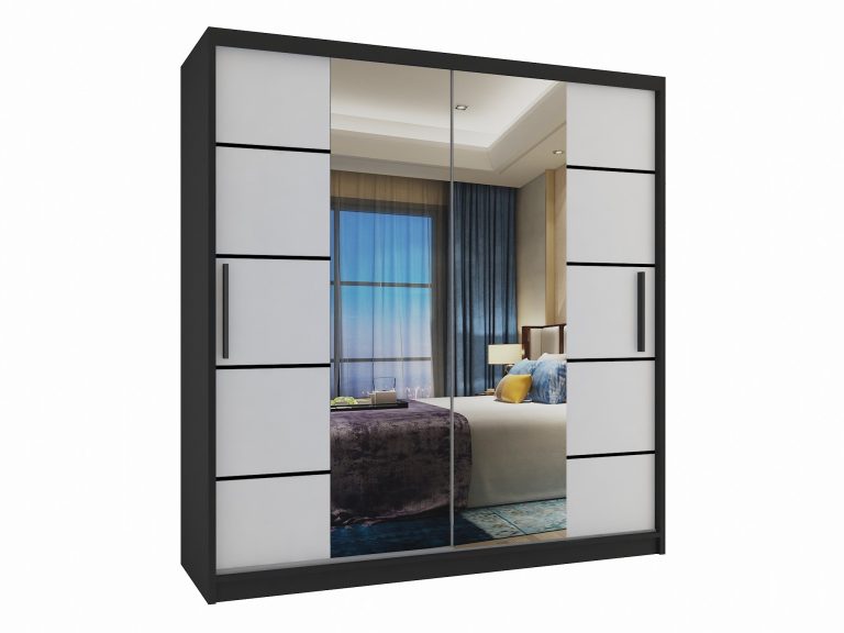 Armadio 158 cm Belini nero opaco / bianco opaco con ante scorrevoli a specchio e cassetti Produttore ME SZP7/0/B/W/0/KLP