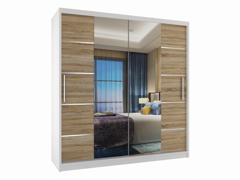 Armadio 158 cm Belini bianco opaco / rovere sonoma con ante scorrevoli a specchio e cassetti Produttore ME SZP7/0/W/DS/0/KLAL