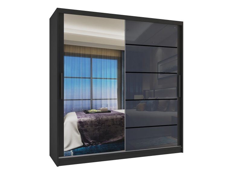 Armadio 158 cm Belini nero opaco / grigio lucido con ante scorrevoli a specchio e cassetti Produttore MGB SZP7/0/B/1L5S/KLP