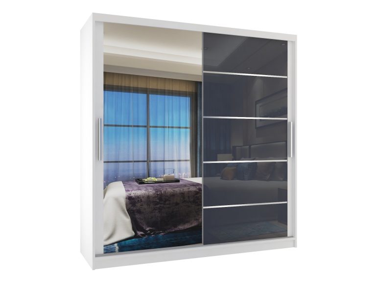 Armadio 158 cm Belini bianco opaco / grigio lucido con ante scorrevoli a specchio e cassetti Produttore MGB SZP7/0/W/1L5S/KLAL