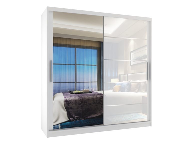 Armadio 158 cm Belini bianco opaco / bianco lucido con ante scorrevoli a specchio e cassetti Produttore MGB SZP7/0/W/1L5W/KLAL